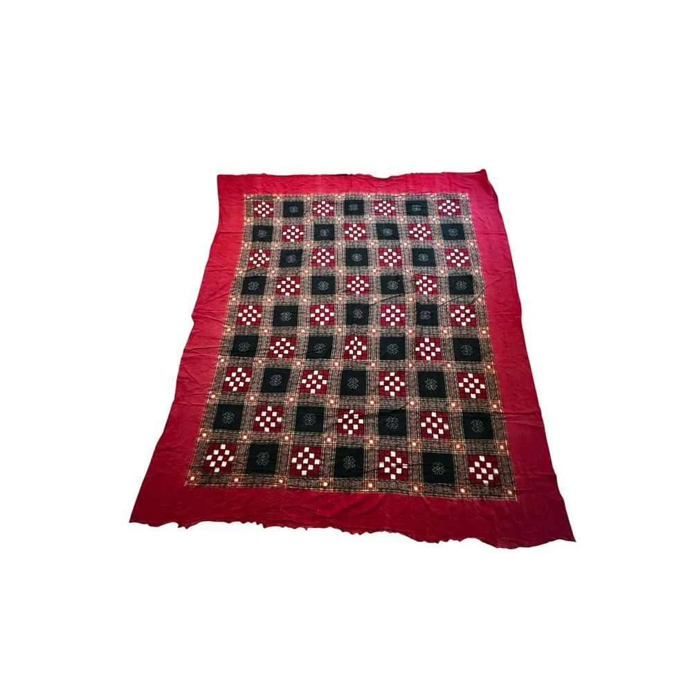 Sambalpuri Ikat Cotton Fabric Red Black Pasapalli Checkerboard Handloom Coverlet
